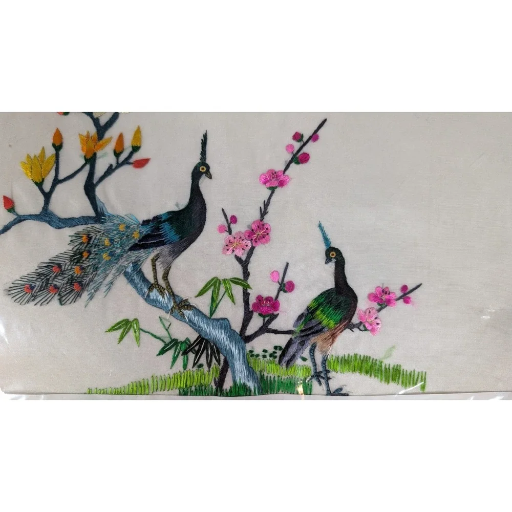 Vintage Asian Silk Embroidered Tapestry Birds-Tree-Flowers 16